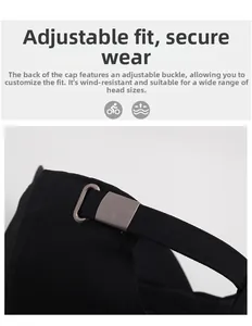 Close-up of the adjustable metal buckle on the back of a men's black cotton baseball cap