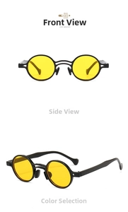 Front and side view of vintage round sunglasses with black frames and yellow lenses