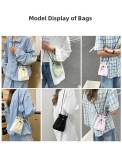 Collage of model wearing lightweight drawstring crossbody bags in four casual colors