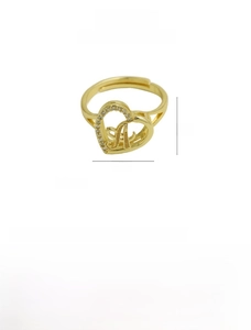 Macro view of adjustable heart-shaped letter A ring with dimensions and weight data