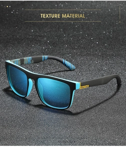 Detail of polarized blue lenses and black textured frame with professional finish