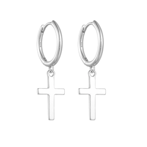 Créoles minimalistes en argent sterling S925 avec pendentifs croix sur fond blanc