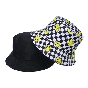 Classic black bucket hat and trendy checkered smiling face sun hat set for summer