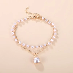 Vintage gold double-layer pearl anklet with minimalist chain and large pearl drop pendant