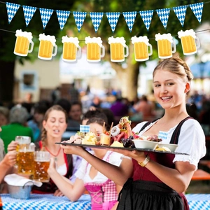 Oktoberfest party banner with blue white diamond pennants and beer mug cutouts