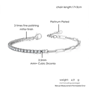 Platinum plated paperclip link bracelet with 2.5mm AAA+ cubic zirconia stones