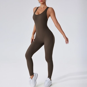 Tight fit yoga bodysuit in deep coffee with cross back and padded shelf bra