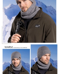 Detail view of winter knitted beanie and neck gaiter set with fleece lining for men
