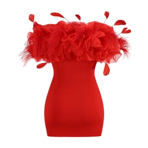 Detail of red strapless bandage dress showing mesh ruffles and delicate feather trim