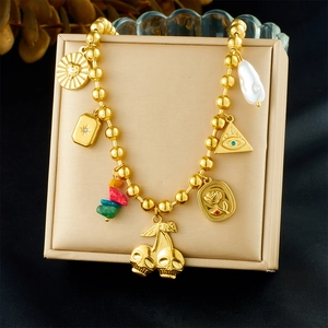 Gold Beaded Necklace Stainless Steel With Multi Charms Cherry Skull Artificial Baroque Pearl Evil Eye Bohemian Vintage For Women