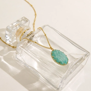 Stainless Steel Oval Natural Stone Pendant Necklace Elegant Gold Plated Jewelry For Women Amazonite Rose Quartz Necklace