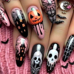 Pink Halloween long almond press-on nails with pumpkin, skull, and spider web designs