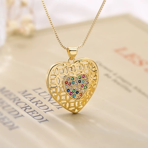 Hollow Heart Pendant Necklace Gold Plated Copper Colorful Rhinestone Nested Design Simple Clavicle Chain Jewelry