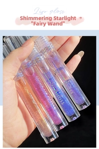 Macro shot of four glitter lip gloss tubes with holographic text in hand over black
