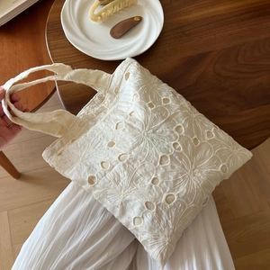 French vintage cream cotton lace tote bag with delicate floral eyelet embroidery detail