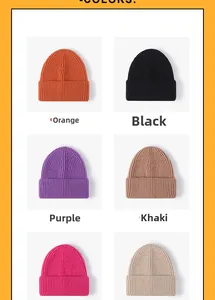 Detailed grid showing vibrant knit beanies in orange, black, khaki, and more colors
