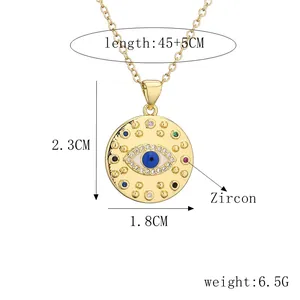 Macro shot of copper necklace with zircon evil eye pendant showing height and width scale