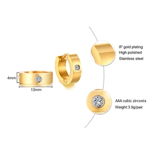 Detail of 13mm gold IP plated stainless steel huggie earrings with AAA cubic zirconia