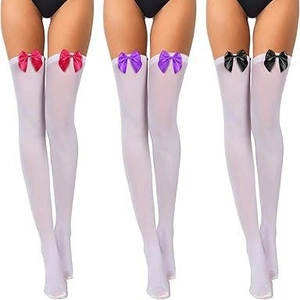 Three pairs of white sheer thigh high stockings featuring colorful satin bows on the cuffs