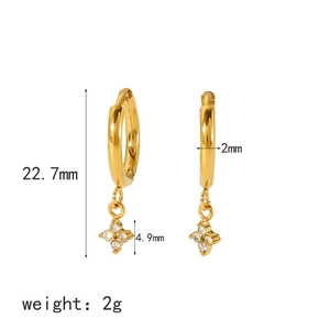 18K gold plated clover earrings with cubic zirconia and precise dimension markings
