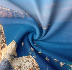 Detail shot of the Mediterranean seascape tapestry fabric with spiral textile texture