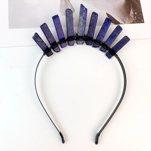 Detailed close-up of blue natural crystal crown with handmade wire wrapping on metal band
