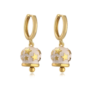 Golden bell hoop earrings with white enamel and raised stars, symmetric jewelry set