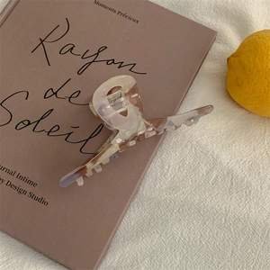 Detailed close-up of amber acetate hair claw clip resting on an elegant French book