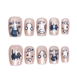 Sweet pink cat-eye press-on nails with cute cat and star patterns for women