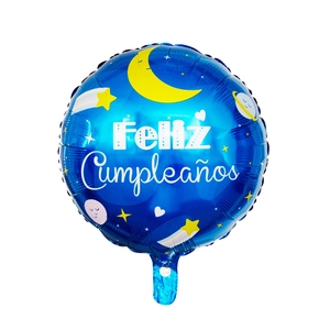 Detail of 18-inch dark blue starry sky foil balloon with Feliz Cumpleaños lettering