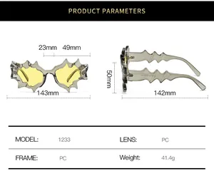Size guide for irregular wave sunglasses showing frame dimensions and PC material specs