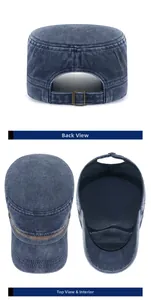 Detail view of washed denim flat top cap featuring metal buckle and inner structure