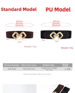 Tableau des tailles pour ceinture large élastique avec boucle dorée et spécifications