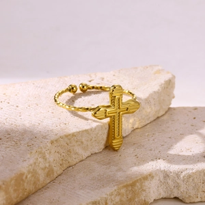 Vintage 18K gold plated stainless steel open ring with cross and twisted rope texture