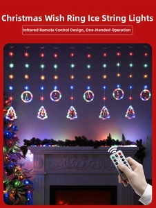 Macro view of Christmas LED string lights with tree ornaments and infrared remote control