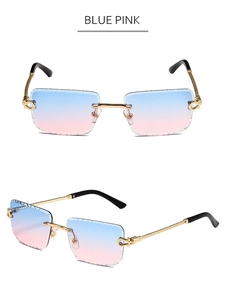 Close-up of rimless gradient lenses with gold metal twisted temples and C-decor detail
