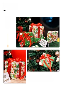 Detail of Christmas wrapping paper rolls with Santa patterns and red satin ribbons