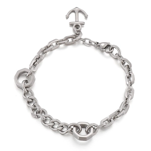 Men's silver stainless steel anchor link chain bracelet with hexagonal nut charms