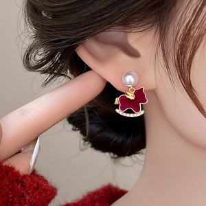 Elegant red flocked rocking horse drop earrings with pearls and crystals in gold finish