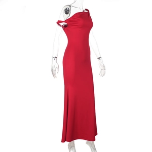 Side view of red off-shoulder fishtail evening dress on a transparent mannequin