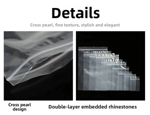 Detailed view of clear PE self-sealing bags in multiple sizes with zip-lock closure