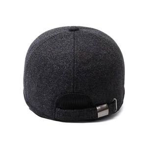 Men winter ear protection baseball cap in dark grey tweed fabric with metal buckle back view