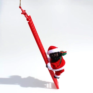 Electric black Santa Claus climbing a red ladder with a green gift bag for Christmas decor