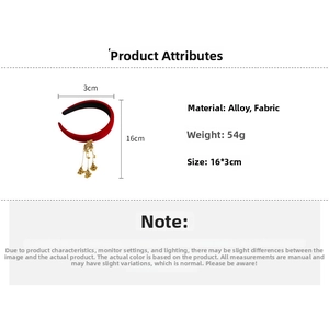 Ethnic style red velvet headband size specs 16x3cm with golden bell tassel detail