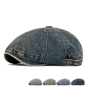 Vintage Washed Denim Newsboy Beret Cap For Men Women Adjustable Metal Buckle Distressed Flat Hat Accessory