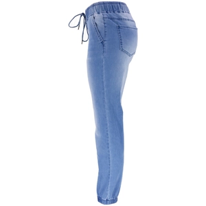 Jogging en jean bleu clair pour femme avec taille élastique à cordon et coupe ajustée