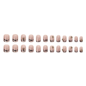 French zebra print press-on nails with gold rhinestones on a nude pink base, 24 pieces set