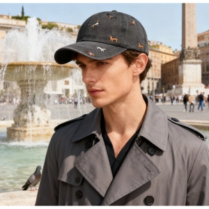 Detailed close-up of embroidered dachshund patterns on a vintage grey washed baseball cap