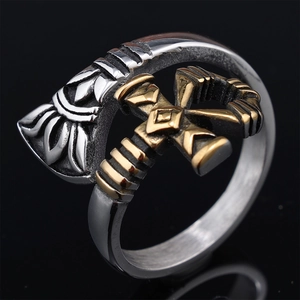 Punk style cross and Ankh stainless steel ring in vintage silver and gold two-tone finish