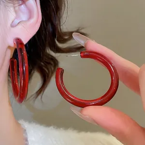 Resin C-Shaped Hoop Earrings With 925 Sterling Silver Earring Post Retro Translucent Fashion Jewelry For Women